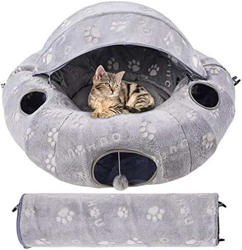 OUHOU Self-Luminous Cat Tunnel Bed for Indoor Cats Four Seasons Available, Plush Nest with Awning, 3 Hanging Balls and Peephole, Interactive Toys for Kitten, Bunny, Puppy, and Small Dogs.