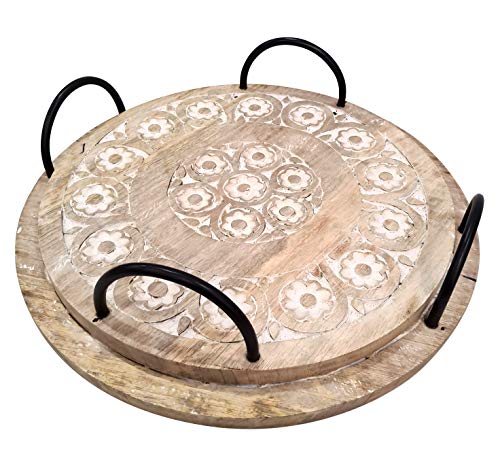 Handmade Round Serving Board Set with Metal Handle Rustic Kitchen Accent Farmhouse Wooden Tray Set of 2