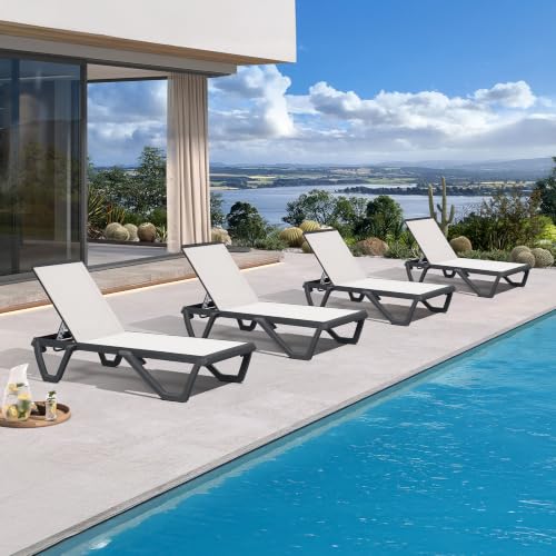 Image of PURPLE LEAF Patio Chaise Lounge Set of 4 Plastic Pool Lounger Chair, White | 5% Wider Seat, Aluminum Frame, Quick-Dry Comfort UV, Plastic + Glass fiber Legs, 5 Recline Angles, Stackable, Lightweight