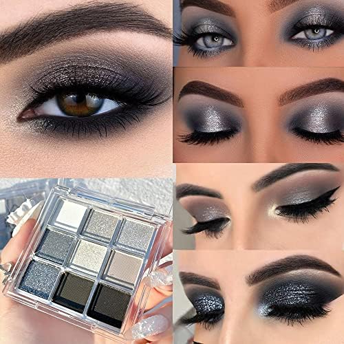 KARNAR Smokey Eye Eyeshadow Palette, 9 Colors Cool Toned Shimmer Glitter Eyeshadow, Natural Neutral Smokey Shiny Eyeshadow Ultimate Makeup Palette, Vibrant Make Up Pallets Kit (9 colors-Smokey)