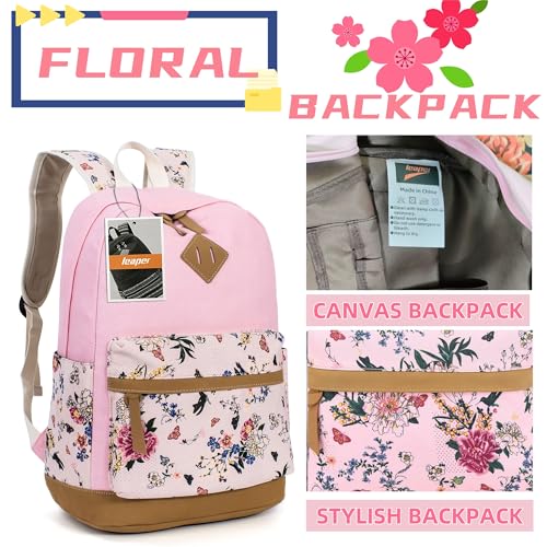 Image of Leaper School Cute Backpack for Girls: Canvas Kawaii Bookbags for Girl 10-12 Years Old - Laptop Travel Backpacks for Teens, Pink-floral, Large-more layer, Daypack Backpacks