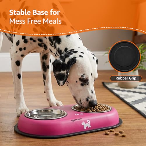 Image of Amazon Basics Stainless Steel Pet Feeding Bowls with Plastic Tray| Anti Slip Base | 230 ml Each
