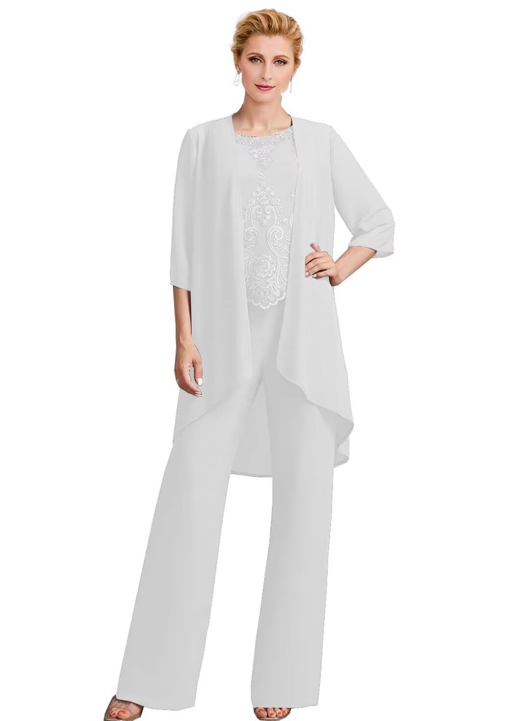3 Pcs Mother of The Bride Pant Suits - Chiffon Lace 3 4 Sleeve Wedding Guest Groom Formal