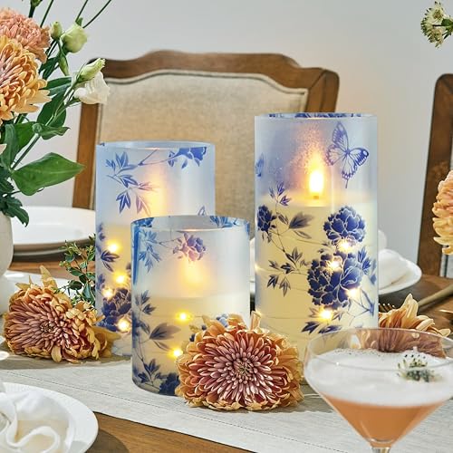 Image of Flickering Flameless Candles Blue Peony Print Embedded Star String Lights, Battery Operated Acrylic LED Pillar Candles with 11-Key Remote and Timer for Home Decoration, 3 Pack