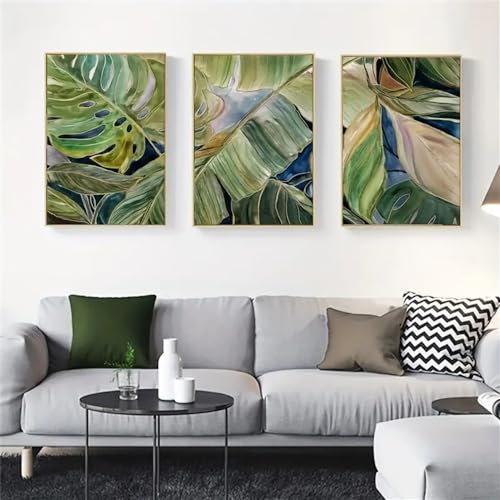 Affiches botaniques tableau abstrait feuilles tropicales vertes sur toile 3 pièces