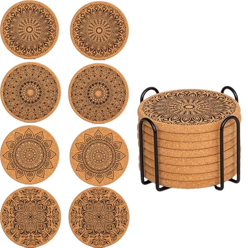 YUNYU Lot de 8 dessous de verre en liège et bois avec support – Dessous de verre résistants à la chaleur, antidérapants et absorbants pour tables basses, dessous de verre en bois marron naturel (B)
