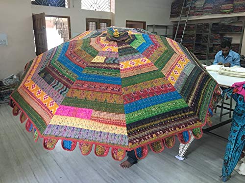 Indian Parasol Umbrella- Sun Shade Garden Umbrella, Patio Umbrella, Handcrafted Vintage Umbrella, Silk Patola Fabric Kantha Decorative Big Size Garden Umbrella, Crafted Umbrellas Parasols #TOP4