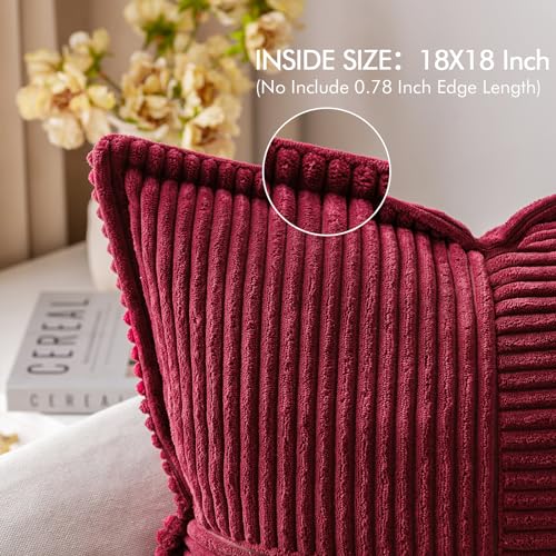 Image of MIULEE Decorative Throw Pillow Covers for Couch Bed Livingroom 18x18 Inch Set of 2 Burgundy Boho Accent Throw Pllows Broadside Striped Patchwork Soft Corduroy Pillowcases