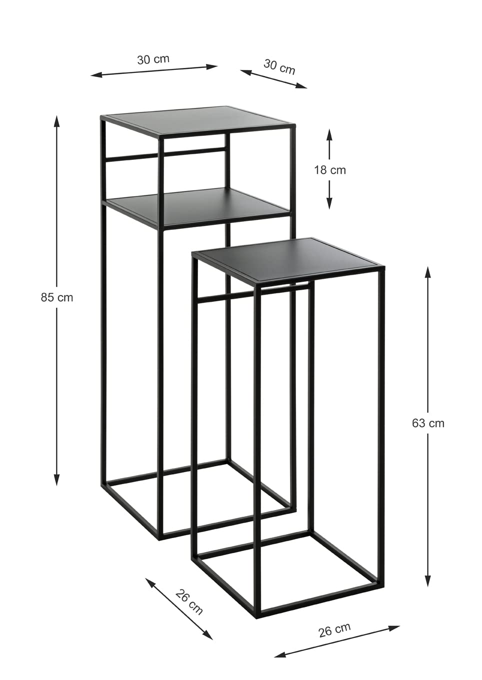 HAKU Set di 2 tavolini in metallo nero - Tavolini da salotto piccoli - Dimensioni: L 26/30 x A 63/85 x P 26/30 cm Stile: Moderno