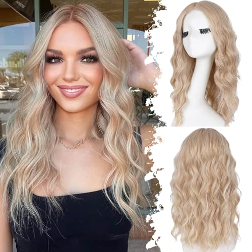 Eawwii Honey Blonde Mix Platinum Blonde Short Wavy Wig for