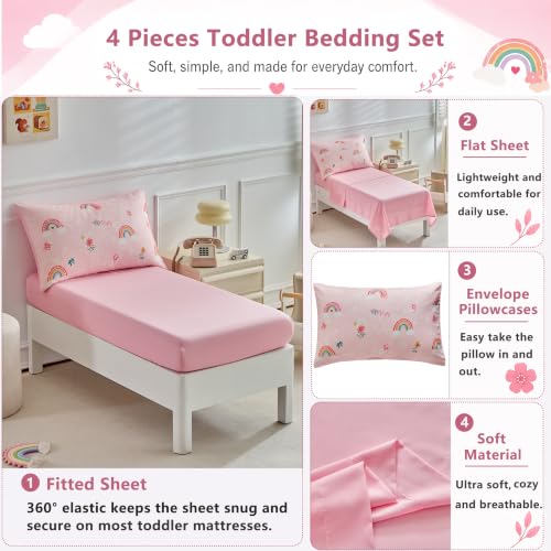 Image of Toddler Bedding Set Pink Rainbow Comforter Set for Girls Soft Cozy Bed Set