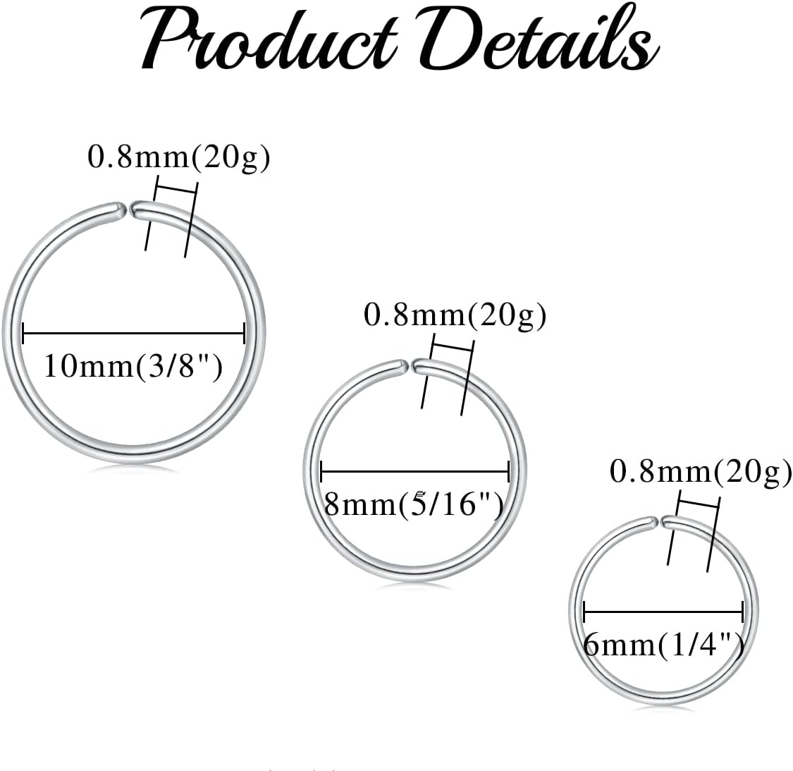 FECTAS Nose Rings Hoops Surgical Steel 18g 20g Gauge 6mm 8mm 10mm 12mm Earrings Piercing Hoops Jewelry for Men Women