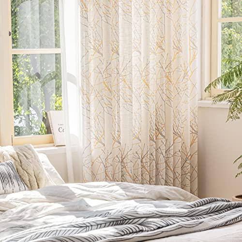 Fmfunctex Tree Print Yellow Grey And White Curtains For Living Room Windows - Linen Textured Grommet Branches Pattern Window Treatment Set For Bedroom - 50" W X 96" L - (2 Panels) #TOP1