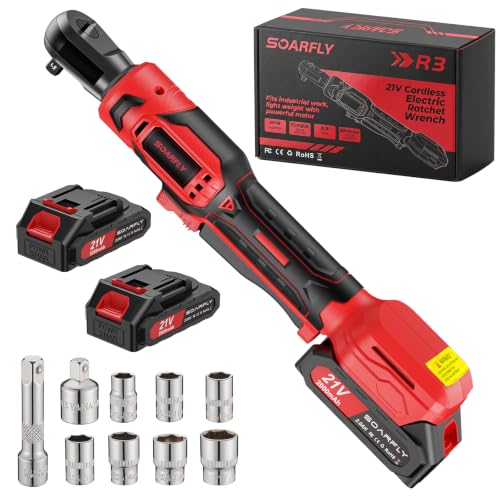 Image of SOARFLY 3 /8 inch Cordless Ratchet Wrench, Power Ratchet Tool Set, 60 Ft-Lbs(80N.m) Electric Ratchet Wrench with 2 * 2000mAh Lithium Batteries, 7 Sockets, LED Light, 1 /4 inch Adapter, 3 inch Extension Bar