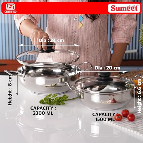 Image of Sumeet ISI Certified Stainless Steel Kadai with Glass Lid & Encapsulated Heavy Bottom |Induction and Gas Compatible |Set of 2 Pcs | 1.5Ltr & 2.3Ltr Capacity - 20 & 24cm Dia, Silver