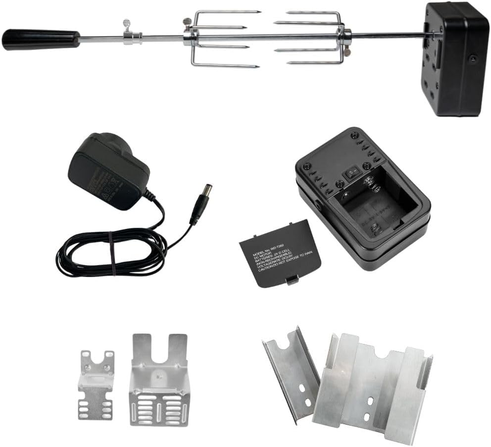 Rotisserie Grill Kit - Portable Universal BBQ & Fire Pit Rotisserie Kit with AC Adapter - 27.75" Length - 10 lb Load - Battery/Mains Powered - Chicken Rotisserie - Camping, Backyard, Outdoor