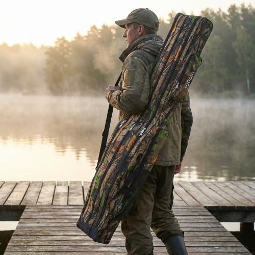 Bolsa de pesca, estuche de pesca de 150 cm, 3 compartimentos, impermeable, plegable, estuche para cañas, herramientas pescar con correa de transporte para cañas, sacadera, accesorios (Marrón claro)