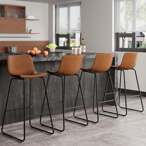 Image of REONEY Bar Stool Set of 4, 30 inch Urban Faux Leather Counter Stool, Dark Brown