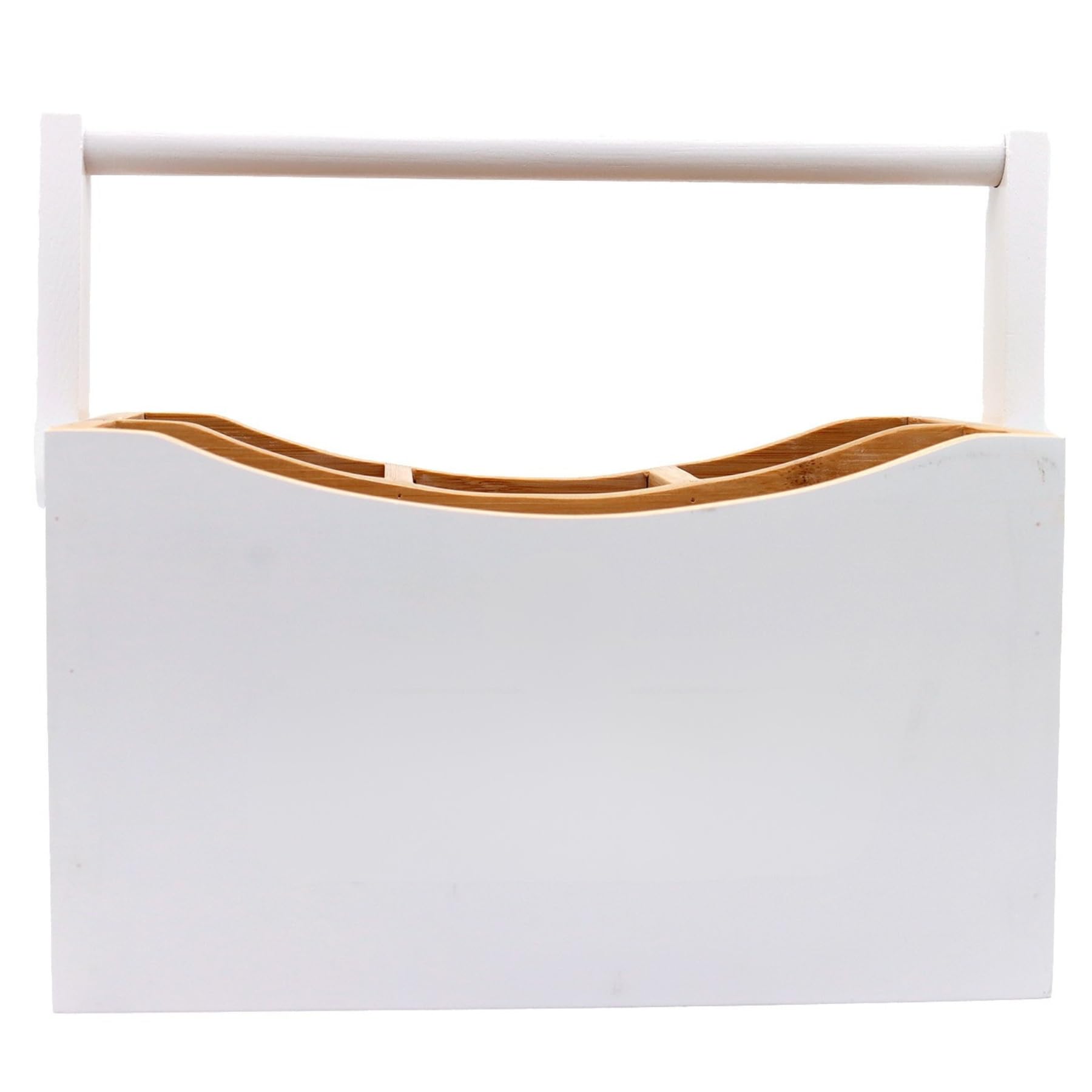 Maison Des Cadeaux Bam 33 White & Bamboo Wooden Cutlery Caddy - Farmhouse Style Utensil Holder With 4 Compartments And Handle - Perfect For Kitchen, Dining, Bbqs, Picnics, And Parties