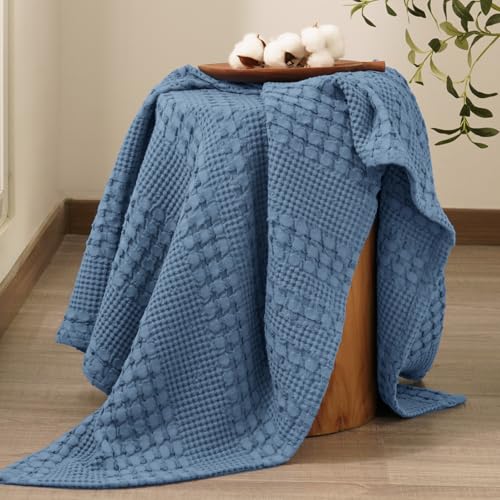Image of PHF 100% Cotton Waffle Throw Blanket for Couch, Lightweight Breathable and Soft for Summer, Luxury Aesthetic Waffle Weave Blanket for Home Decor & Office, Gifts for Women, 50 inchx60 inch, Denim Blue
