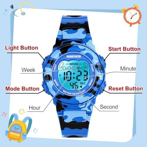 Image of SOCICO Kids Digital Watch 50M Waterproof & 7 Color Lights for Boys Girls