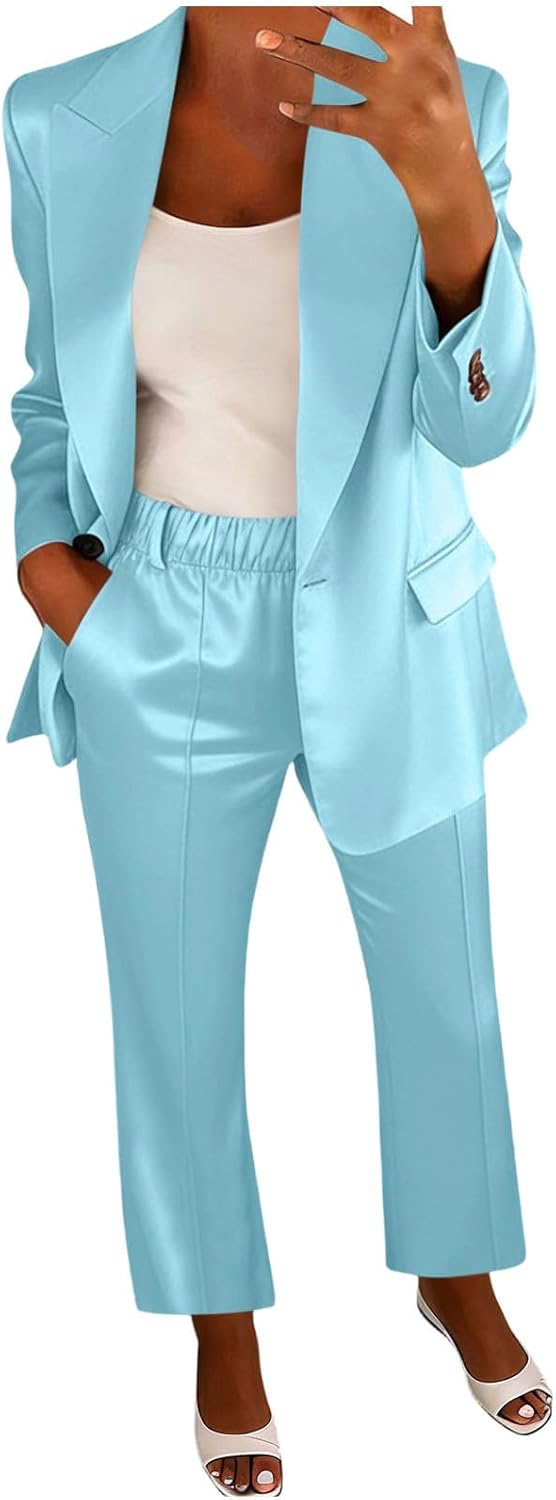Women's 2 Piece Satin Suit One Button Lapel Casual Outfits Party Wedding Blazer Jackets and Pants Set