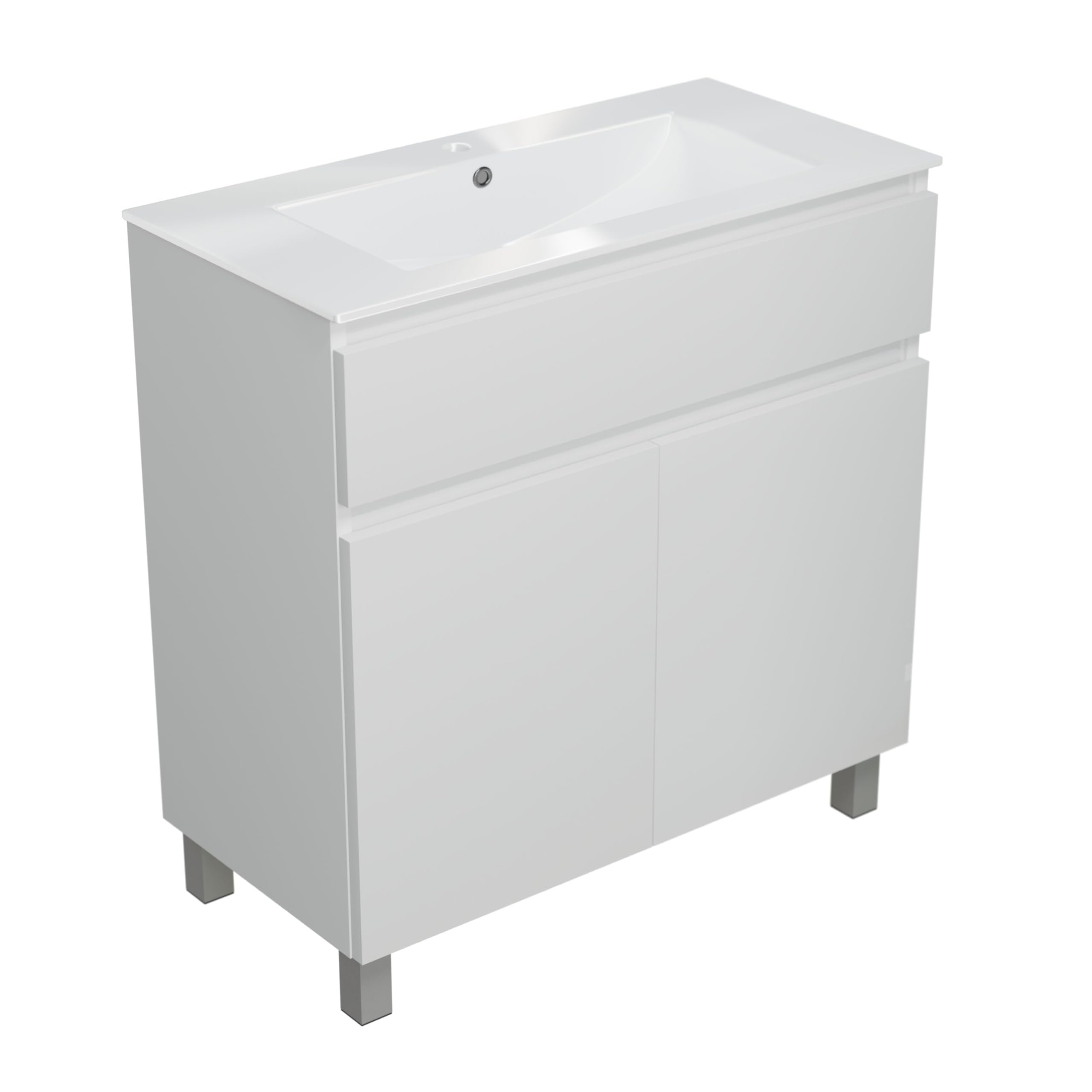 Lavabo ARIZA con mobile largo 80 cm, Lavabo con mobile a 2 ante, Set di mobili da bagno - Bianco opaco/Fronte bianco brillante
