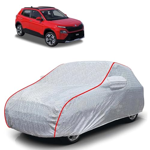 Image of Sulfar 100% Waterproof Car Body Cover Compatible with Mirror for Skoda Kylaq (Triple Stitched, Full Bottom Elastic, Magic Silver with Red Piping)