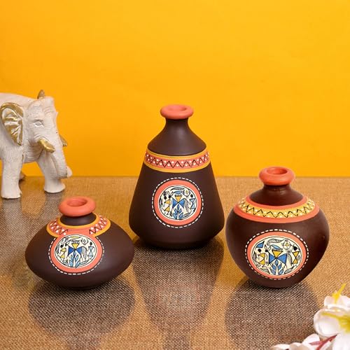 Image of Aakriti Art Creations Earthen Miniatures Terracotta Vases Set of 3 | Handmade Brown Warli Art Flower Vases Matte Finish Decorative Vases for Home Decor & Gifting