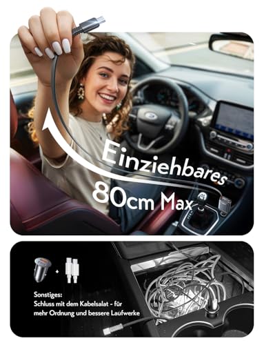 LISEN 57W Zigarettenanzünder USB C 3 in 1 Auto Ladegerät - [300% Kompakt] 12V USB Adapter Auto Ladegerät mit Einziehbares Ladekabel, PD&QC3.0 Car Charger für iPhone 17 Pro Max 16 15 14