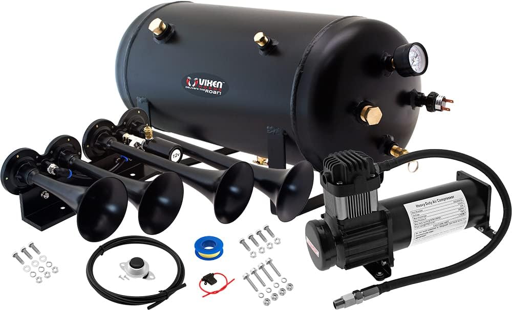 Vixen Horns Train Horn Kit for Trucks/Car/Semi. Complete Onboard System- 200psi Air Compressor, 5 Gallon Tank, 4 Trumpets. Super Loud dB. Fits Vehicles like Pickup/Jeep/RV/SUV 12v VXO8350B/4124B