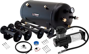 Vixen Horns Train Horn Kit for Trucks/Car/Semi. Complete Onboard System- 200psi Air Compressor, 5 Gallon Tank, 4 Trumpets. Super Loud dB. Fits Vehicles like Pickup/Jeep/RV/SUV 12v VXO8350B/4124B