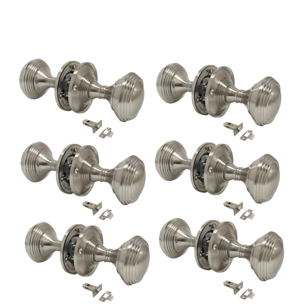 Epsom Door Handle Queen Anne Reeded Mortice Door Knobs for Interior Doors - Round Internal Knob with Tubular Latch - Durable Satin Chrome Finish - 6 Sets