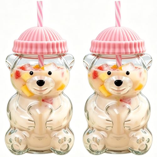Gzwallxi New Glass Bear Straw Cup - Reusable Glass Cute Bear Cup for Smoothies Boba Iced Coffee Cocktails (2 Pink)