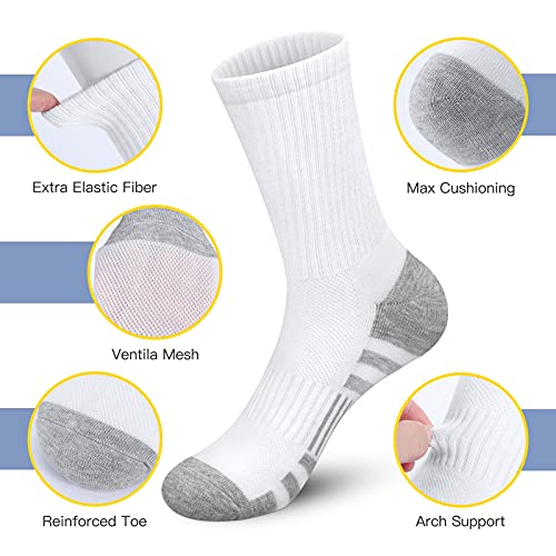 Felicigeely Athletic Socks Women Men Crew Socks Cushion Sports Running Socks Performance Hiking Calf Socks With Arch Support 6 Pairs (White, 9-12) #TOP1