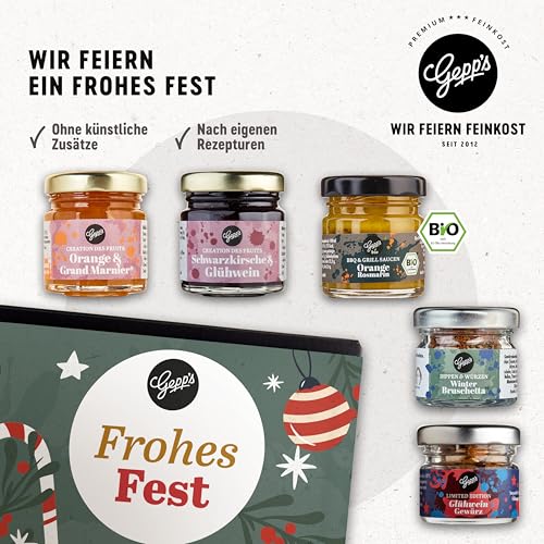 Gepp’s Feinkost Weihnachts-Geschenk Frohes Fest I Mini 5er Geschenkset Weihnachten mit köstlichen Delikatessen I Mit Glühwein Gewürz, Fruchtaufstrich, Bruschetta-Dip & Sauce in Winter-Editionen
