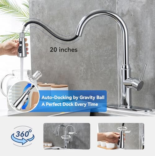 Kitchen Faucet with Pull Down Sprayer, Chrome Faucet for Kitchen Sink Stainless Steel Kitchen Faucets, Single Handle 1 or 3 Hole Faucet with Escutcheon for RV, Outdoor, Laundry & Utility Room Sink - Image 6