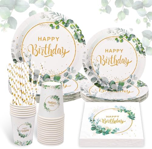 YRsorn Geburtstag Deko Partygeschirr Set - Pappteller, Eukalyptus Party Geschirr für Junge Mädchen Partys, 20 Gäste