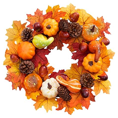 HBlife Maple Leaf Pumpkin Halloween Wreath Christmas Decoration Wreath Pumpkin Berry Artificial Wreath Home Thanksgiving Garland Cover