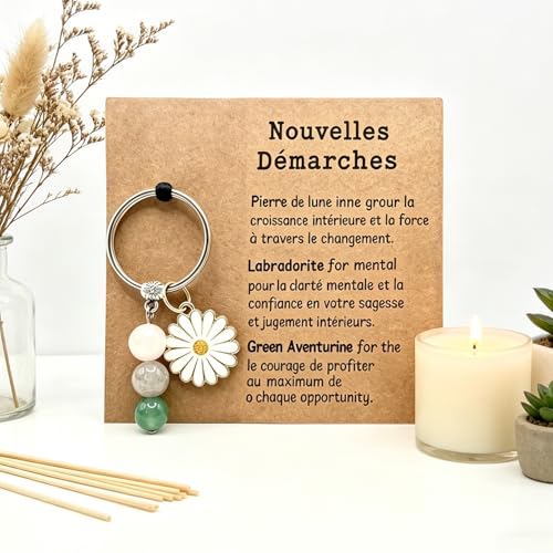 Porte-clés Fleur Marguerite avec Pierres Naturelles - Labradorite, Pierre de Lune, Aventurine - Idée Cadeau Femme Original Anniversaire, Nouveau Départ, Maman, Meilleure Amie (Porte-Bonheur) – vue 6
