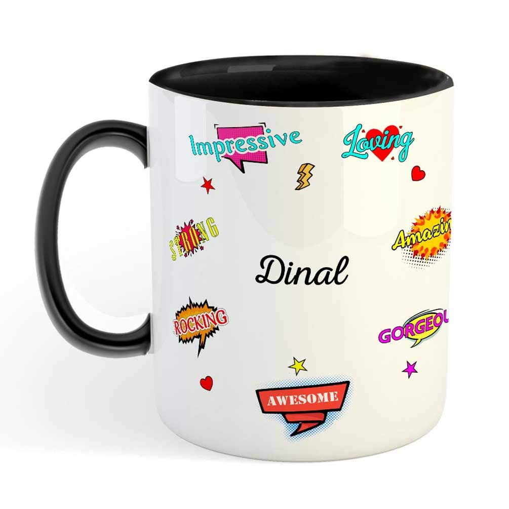 FABTODAY Ceramic Coffee Mug - Best Gift for Happy Birthday, Anniversary, Return Gift, Everyday Gifting, Color - Black, Name - Dinal
