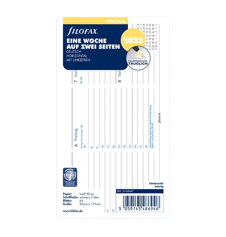Filofax Personal 1 Week on 2 Pages. Horiz. (German) 2023