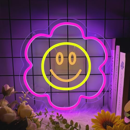 Image of Flower Neon Sign for Wall Decor, Smile Flower Led Signs, Dimmable Neon Light Sign for Bedroom, Game Room, Living Room, Bar Decoration, USB Powered Light Up Signs for Man Cave