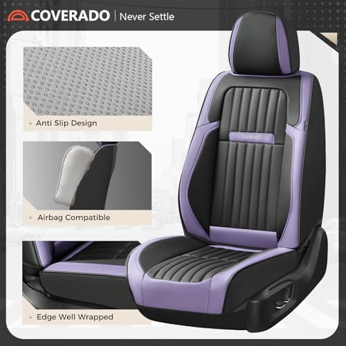 Image of Coverado Car Seat Covers Front Seats, Seat Covers for Cars, Car Seat Protector, 2-Pack Car Seat Cushion Nappa Leather, Waterproof Seat Covers Carseat Cover Universal Fit for Most Cars(Purple&Black)