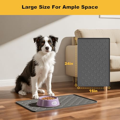 Pieviev 24\'\'x16\'\' Dog Cat Food Bowl Mat, Silicone Waterproof Food Grade Pet Food Mat for Floor, High Raised Edge to Prevent Spills, Non-Slip & Easy Clean Pet Placemat for Dog & Cat Bowls, Dark Gray