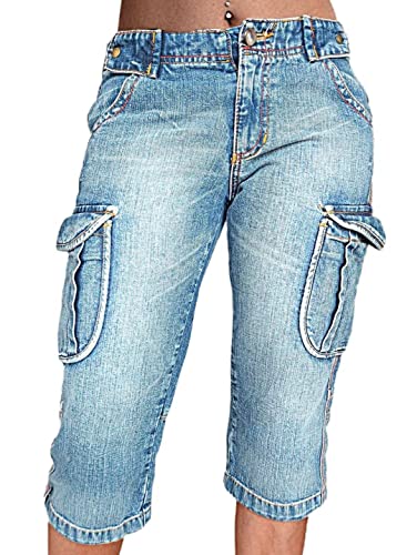 Flamingals Women's Flap Pocket Capris Jeans Mid Waist Casual Pants