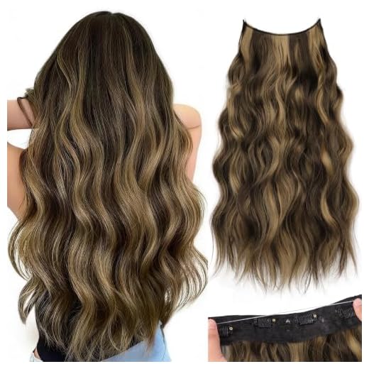 KooKaStyle Invisible Wire Hair Extensions with Transparent Headband Adjustable Size 4 Secure Clips Long Wavy Highlight Hairpiece 20 Inch Balayage Chocolate Brown to Caramel Blonde for Women