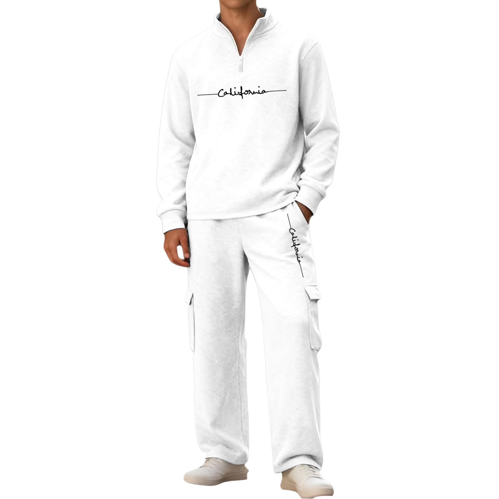 Tuta da jogging da uomo, in cotone, lunga, set da 2 pezzi, con felpa e pantaloni cargo, alla moda, con stampa, per attività all'aperto, casual, streetwear, morbida, per il tempo libero