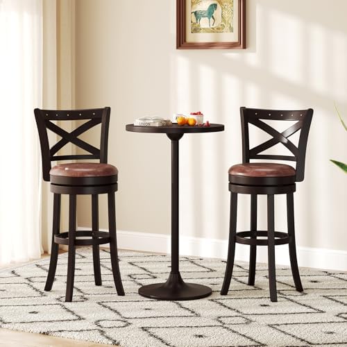 COSTWAY Set de 2 Butacos de Bar Giratorios de 30" con Tachuelas de Cobre, Asiento Tapizado y Respaldo en X, Estructura de Madera Maciza de Caucho miniatura 2