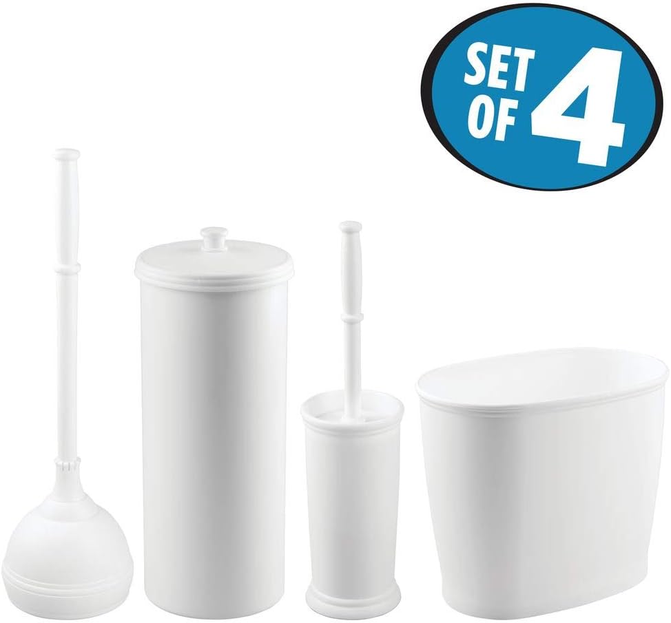 mDesign Modern Plastic Bathroom Storage and Cleaning Accessory Set - Includes Toilet Plunger, Bowl Brush, 3-Roll Toilet Paper Canister with Lid, Wastebasket Trash Can/Garbage Bin - 4 Piece Set - White